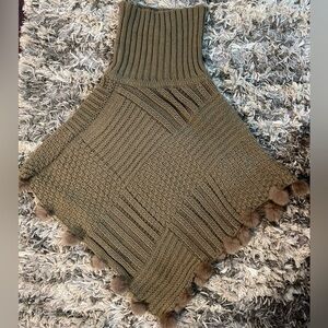 Brown Knit Poncho with Pom Poms